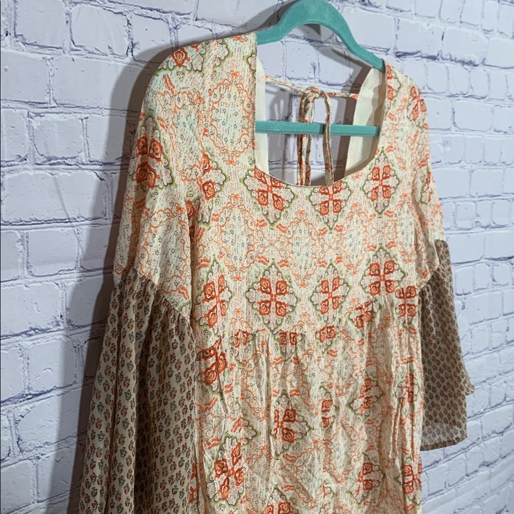 Umgee Womens Baybdoll 3/4 Bell Sleeve Flowy Top Orange Printed Sz S Boho Hippie - Picture 2 of 6